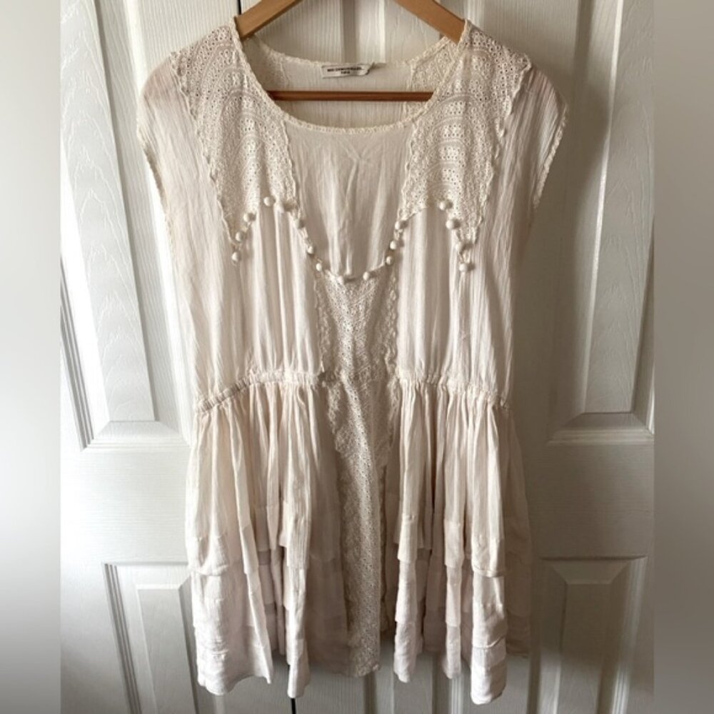 MES DEMOISELLES…PARIS Ivory Gauzy Eyelet Trimmed Tiered Mini Dress SZ 40 (8US)